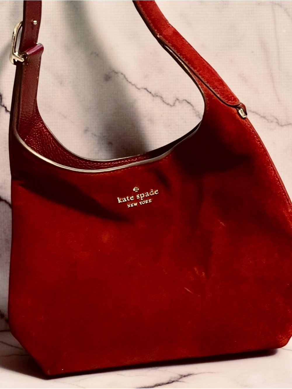 Kate Spade New York Burgundy Suede Hobo Shoulder Bag | Genuine Leather Trim - Picture 8 of 10